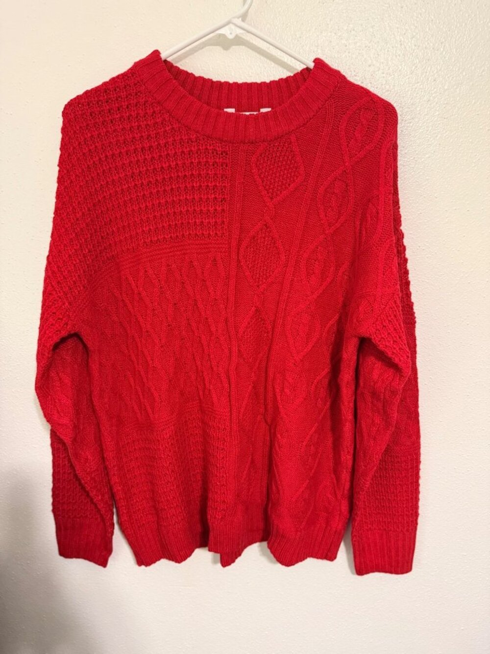 Time and Tru Sweater Cable knit Patchwork Red Womans L